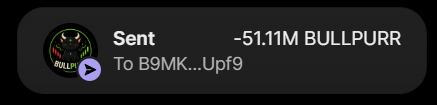 A screenshot of a crypto transaction confirmation showing a transfer of 51.11M $BULLPURR tokens sent to the address beginning with B9MK…Upf9, documenting the successful purchase referenced in the post.