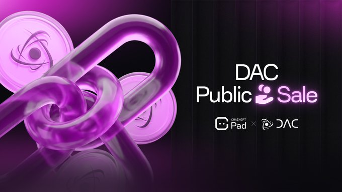 A promotional graphic for "DAC Public Sale" featuring glossy 3D purple chain links and coins, with the ChainGPT Pad and DAC logos displayed at the bottom—visually announcing the upcoming public sale of DAC on the ChainGPT Pad launchpad.