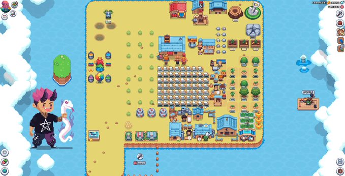 A pixel art farm scene from Sunflower Land shows a player character with pink hair on the left holding a fish, alongside a vibrant farm base filled with organized crop plots, food storage, and various decorative items. The visible UI confirms Level 72 status, matching the post's update about Day 40 progress toward crafting a Floral Bed and preparing for the next expansion requiring more oil.
