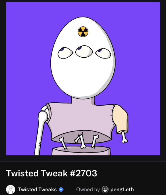 An NFT digital artwork titled 'Twisted Tweak #2703' from the Twisted Tweaks collection, owned by peng1.eth, featuring a three-eyed character with a radiation symbol and a stitched-together body on a purple background.