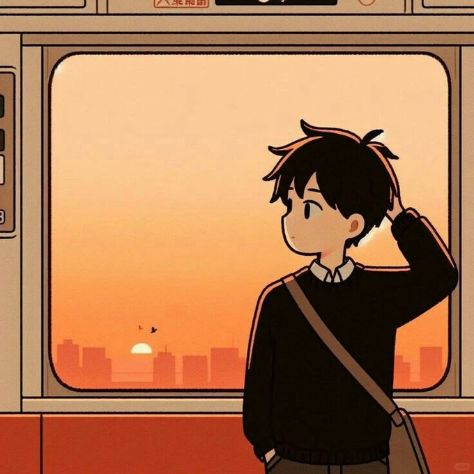 An anime-style illustration of a young boy with dark hair standing inside a train, looking out the window at an orange sunset over a city skyline with birds flying by.