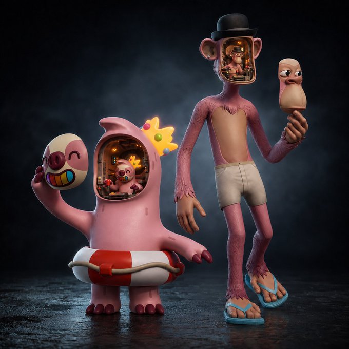 Two designer art toys, a pink monster with a hollowed-out head and a monkey-like figure in a bowler hat, are displayed against a dark background.