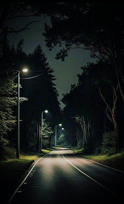 A nighttime photograph shows a quiet, empty road illuminated by streetlights, winding through a dense forest.