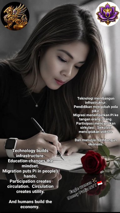Inspirational graphic featuring a young woman writing in a notebook with a red rose, displaying bilingual text about technology, education, migration, participation, and humans building the economy, credited to "Romy Pedelii" with Singapore flag.
