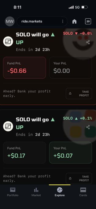 A mobile app screenshot of 'ride.markets' showing prediction market positions for '$OLO will go UP' with profit/loss displays.