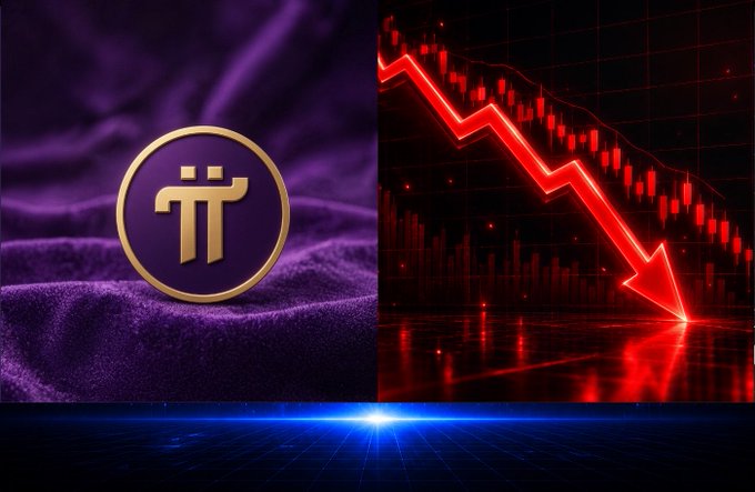 A split image shows the Pi cryptocurrency logo on purple silk fabric on the left and a red downward trending stock chart on the right.