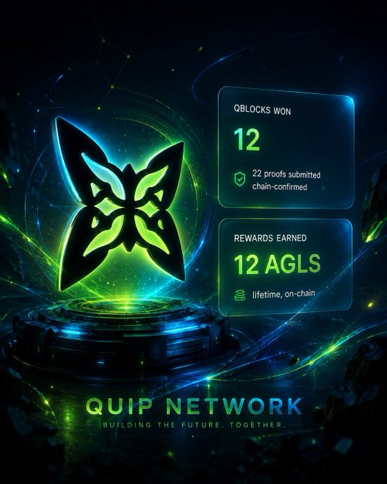A green glowing butterfly logo on a pedestal is shown with stats: 'QBLOCKS WON 12', '22 proofs submitted chain-confirmed', 'REWARDS EARNED 12 AGLS', and 'lifetime, on-chain', under the banner 'QUIP NETWORK BUILDING THE FUTURE, TOGETHER'.