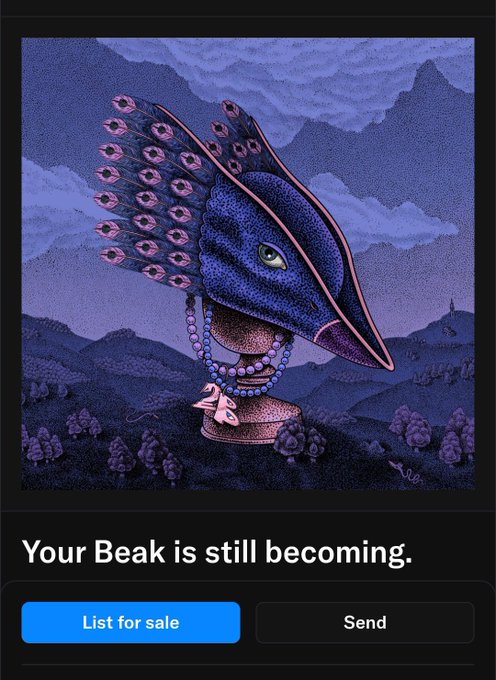 The image features a poster of a bird with a blue head, possibly a peacock or a bird of paradise, sitting atop a pedestal. The background of the poster depicts mountains under a cloudy sky. In the bottom right corner of the image, there is a message that reads "Your Beak is still becoming." This message seems to be related to the sale of the artwork featuring the bird on the pedestal.