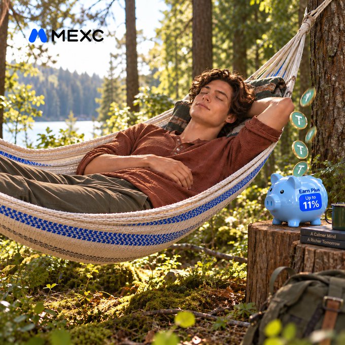 A man relaxes peacefully in a hammock beside a forest lake, with a piggy bank labeled "Earn Plus Up to 11%" and stacked books on a tree stump nearby, alongside the MEXC logo in the corner. The image visually represents the post's message about letting USDT work for you through MEXC's Earn Plus, enjoying up to 11% APR even during downtime or leisure.