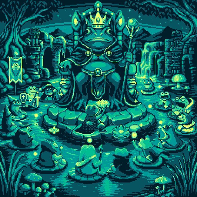 The image features a large statue of a frog sitting atop a rock, surrounded by smaller statues of frogs. A group of people are gathered around this central figure, with some holding umbrellas above their heads. The scene appears to be set during mint day, as indicated by the presence of the number "1028" in the image description.