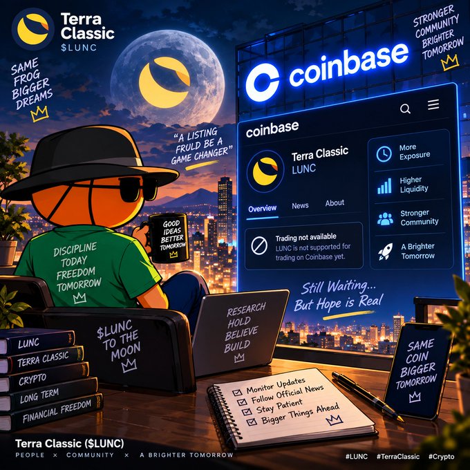 A promotional graphic for Terra Classic ($LUNC) cryptocurrency, showing a cartoon figure looking at a Coinbase listing page that states 'Trading not available - LUNC is not supported for trading on Coinbase yet.'