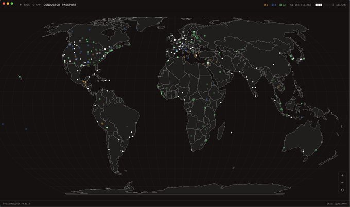 A 'Conductor Passport' world map dashboard showing 'Cities Visited' statistics with glowing dots scattered across continents on a dark interface.