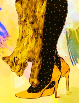 Artistic painting of a cat's silhouette alongside a pair of legs in polka dot stockings wearing yellow high-heeled shoes.