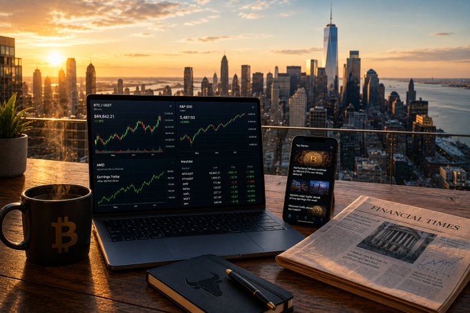 A workspace scene featuring a laptop displaying cryptocurrency price charts (including BTC/USDT at $69,842.21 and S&P 500 at 5,487.02), a smartphone showing crypto news, a Bitcoin mug, and a Financial Times newspaper, all set against a sunset city skyline.