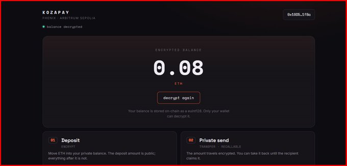A screenshot of the KOZAPAY wallet interface showing an encrypted balance of 0.08 ETH, a wallet address (0x4100...1f8a), and options to 'decrypt again', 'Deposit', and 'Private send'.