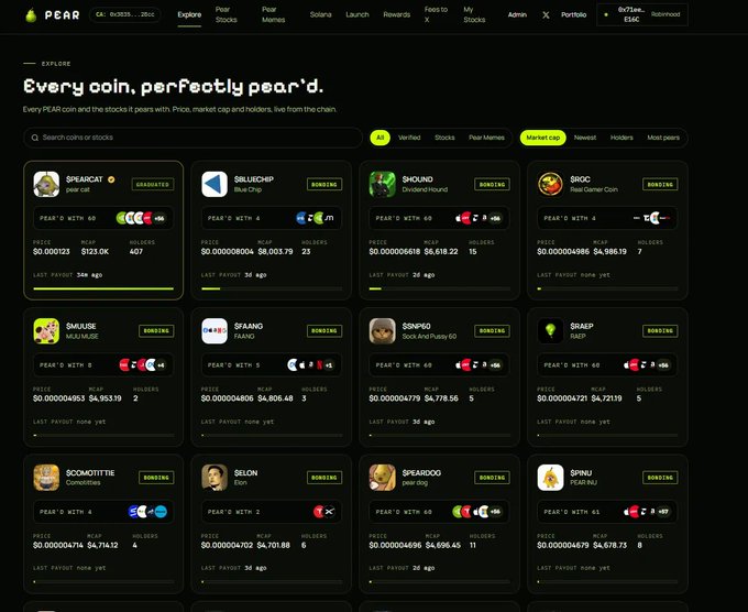 A PEAR cryptocurrency website interface showing 'Every coin, perfectly pear'd' with various meme coin listings including $PEARCAT, $BLUECHIP, $HOUND, and $ROC in grid format.