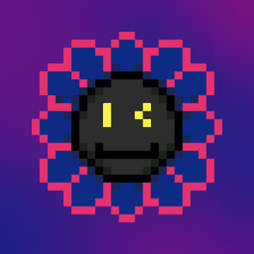 A pixel art illustration of a black smiley face bomb with yellow features, surrounded by a pink and blue explosion pattern on a purple background.