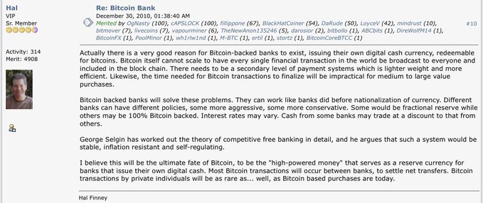 A screenshot of a forum post titled 'Re: Bitcoin Bank' dated December 30, 2010, by user 'Hal (VIP)', discussing Bitcoin-backed banks and George Selgin's theory of competitive free banking.