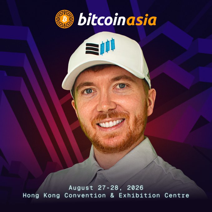 A promotional poster for 'bitcoin asia' featuring a smiling man in a white Bitcoin Asia cap, with event details 'August 27-28, 2026, Hong Kong Convention & Exhibition Centre' against a purple geometric background.