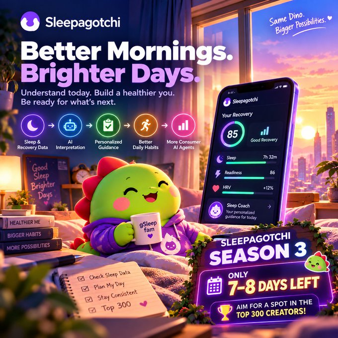 A promotional graphic for "Sleepagotchi" featuring a green dinosaur mascot holding a "gSleep fam" mug alongside a smartphone displaying recovery metrics, with text reading "Better Mornings. Brighter Days," "SLEEPAGOTCHI SEASON 3," and "ONLY 7-8 DAYS LEFT."