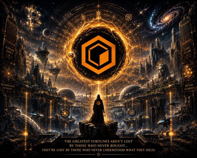 A fantasy digital artwork featuring an orange hexagonal logo at the center of a cosmic portal, with a cloaked figure standing before it and text reading 'THE GREATEST FORTUNES AREN'T LOST BY THOSE WHO NEVER BOUGHT... THEY'RE LOST BY THOSE WHO NEVER UNDERSTOOD WHAT THEY HELD.' alongside 'BITCOIN ALIGNMENT'.