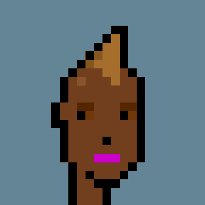 A pixel art portrait of a person with dark skin, a mohawk, and pink lips set against a solid light blue background.