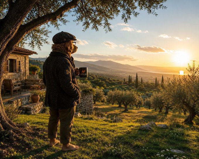 The image features a man standing under a tree, holding a cup of coffee while looking out at the sunset over a beautiful landscape with mountains in the background. The photo has been captioned "GM GM $DOG LEGENDS. Touch some grass". This suggests that there might be an element of humor or surrealism to the image, possibly referencing the popular character Legends from the movie "The Lego Movie" by Greg Daniels.