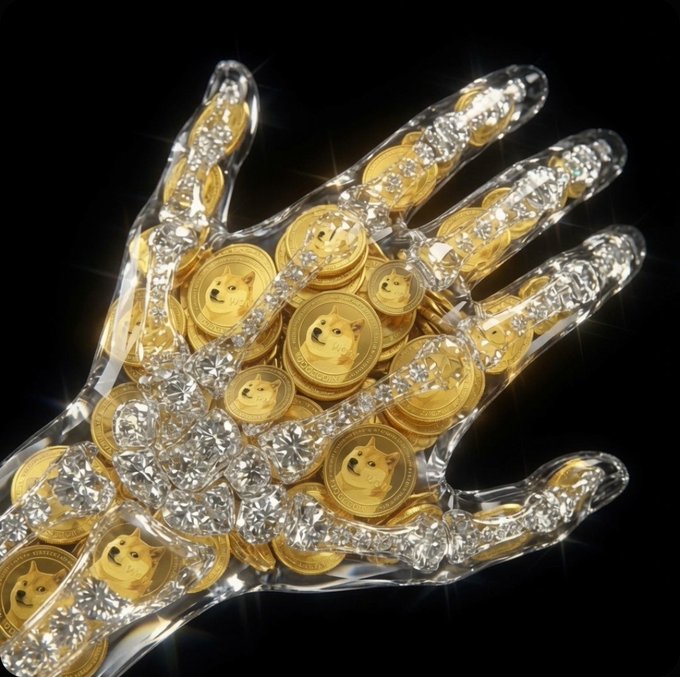 A crystalline hand adorned with sparkling diamonds cradles a pile of Dogecoin coins, each displaying the iconic Shiba Inu doge face, visually reinforcing the "diamond bones" theme of holding $DOGE with unbreakable strength.