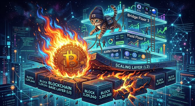 The image shows an illustration of a cat, wearing a hat that says "blockchain", being attacked by fire. The fire is coming from flames located at the bottom right side of the image. The main visual element in the scene is the burning coin. This coin has a value of 3.5 million. There are three blocks under the coin - one on each side, and another block placed directly below it.

The caption next to this image reads "Good afternoon frens $BURN deepens supply compression, tightening the base liquidity layer @CWIF keeps transaction flow active across layered AMM pools Structural pressure builds across the system @burning_kitty @catwifhatsolana @getburncoin @LetsBURNfun". This caption is related to the image by connecting the concept of burning blocks and the fire depicted in it.