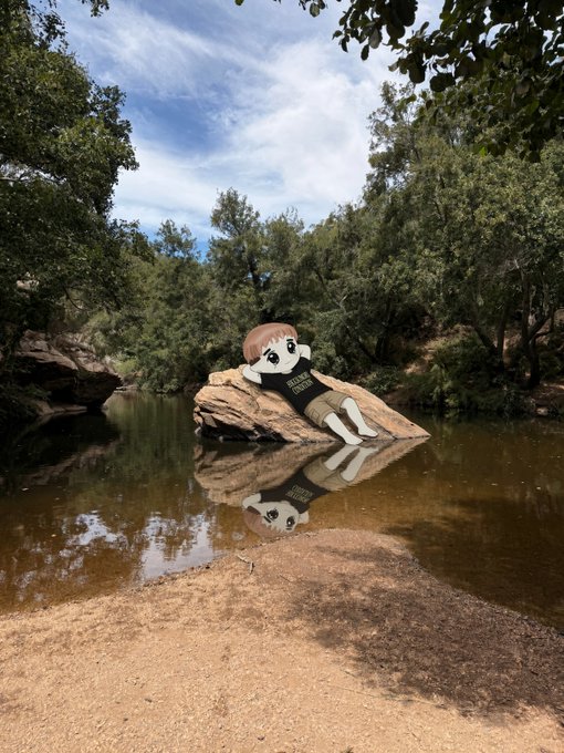 A surreal composite image of an anime-style character lounging on a rock in the middle of a calm river, surrounded by green trees under a cloudy blue sky.