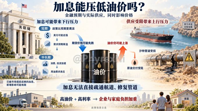 A Chinese-language infographic titled "加息能压低油价吗?" (Can rate hikes lower oil prices?) explains that while Fed rate hikes (加息) may ease oil prices short-term by strengthening the dollar, they cannot resolve supply disruptions like damage to the Strait of Hormuz (霍尔木兹) pipelines, ultimately leaving businesses and households burdened by high oil prices combined with high interest rates—visually illustrating the Fed, oil tankers, pipelines, factories, and family scenes surrounding stacked oil barrels.
