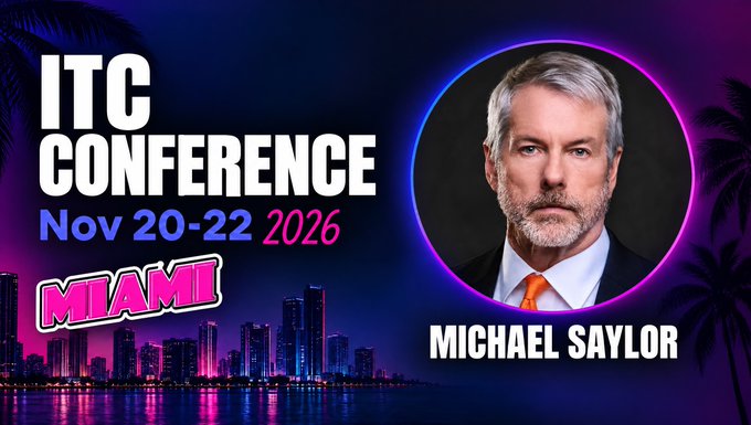 Promotional graphic for the ITC Conference in Miami (Nov 20-22, 2026) featuring a photo of Michael Saylor, announcing his appearance as a speaker at the event. The background showcases Miami's skyline with vibrant pink and blue neon lighting.