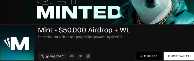 A promotional banner for Mint, featuring a polar bear in a teal leather jacket, advertising a '$50,000 Airdrop + WL' with an 'ENROLLED' status and Twitter handle @PlayOnMint.