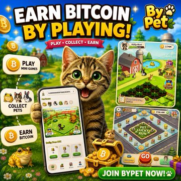 The image is a promotional ad for "ByPet," featuring a cute tabby cat alongside text reading "EARN BITCOIN BY PLAYING!" and "PLAY • COLLECT • EARN," with sections highlighting "PLAY MINI GAMES," "COLLECT PETS," and "EARN BITCOIN," plus screenshots of mobile gameplay and a stack of Bitcoin coins. It directly illustrates the post's claim of combining pet collecting, mini-games, and Bitcoin earning, while displaying the referral code "RKKJR9VM" mentioned in the caption.