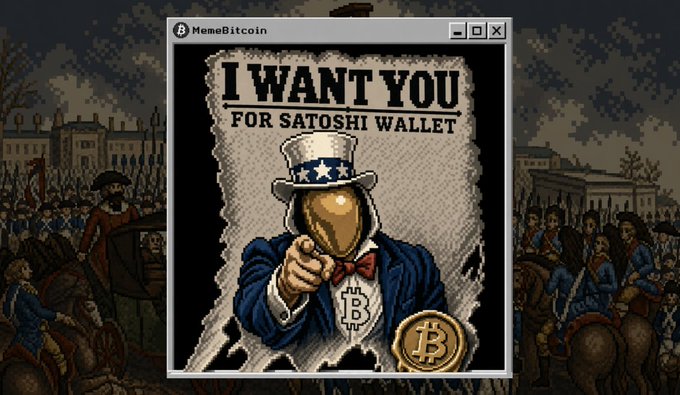 The image displays a pixel-art rendition of the iconic Uncle Sam recruitment poster, reimagined as "I Want You for Satoshi Wallet," with Uncle Sam wearing a Bitcoin lapel pin and pointing a gold Bitcoin coin toward the viewer. Styled as a retro Windows application window titled "MemeBitcoin," the artwork ties directly to the post's theme of MBTC (@1096361BTC), a meme currency project that treats the 1,096,361 unspent early Bitcoin coins attributed to Satoshi as the foundation of its community identity.
