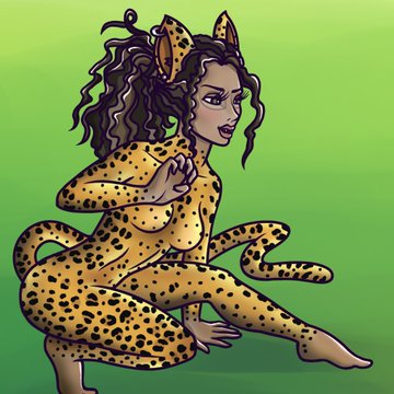 A digital illustration of a woman with curly hair wearing a leopard-print bodysuit with cat ears and a tail, posed against a green background.