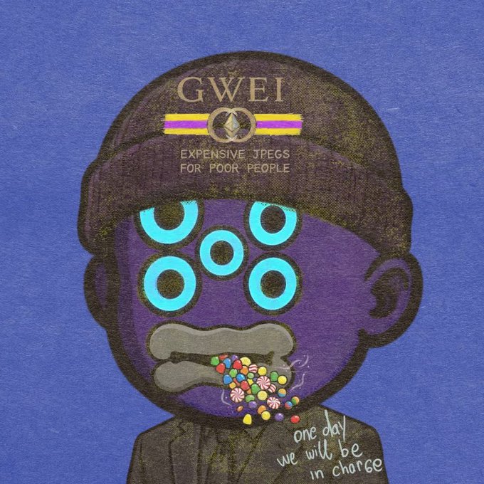 An illustration of a purple character wearing a black cap labeled 'GWEI' with text 'EXPENSIVE JPEGS FOR POOR PEOPLE' and 'one day we will be in charge' against a blue background.