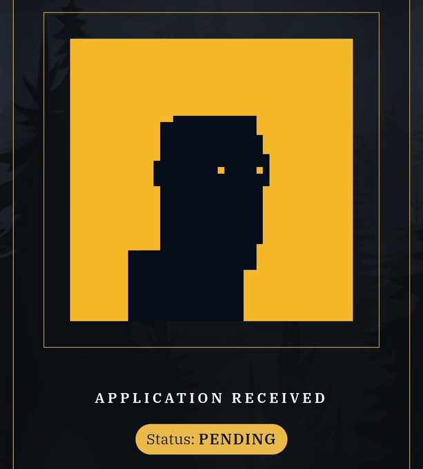 A dark graphic displaying 'APPLICATION RECEIVED' and 'Status: PENDING' below a pixelated yellow and black silhouette icon.