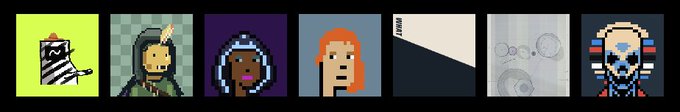 Seven pixel art thumbnails are displayed, featuring a wrapped mummy, a wizard, a hooded character, a red-haired figure, a minimalist "WHAT" design, fiducial circle markers, and a hooded skull — representing the various NFT collections listed in the accompanying Phase1 whitelist text.