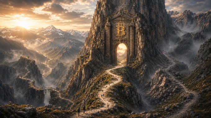 A monumental "B" gate carved into a mountain peak, with a winding path leading toward it as tiny travelers make their ascent, evoking the image's connection to the article about a record 3.56M Bitcoin (worth ~17.7% of circulating supply) lying dormant for over 10 years—symbolizing long-held, untouched crypto wealth deep within the digital landscape.