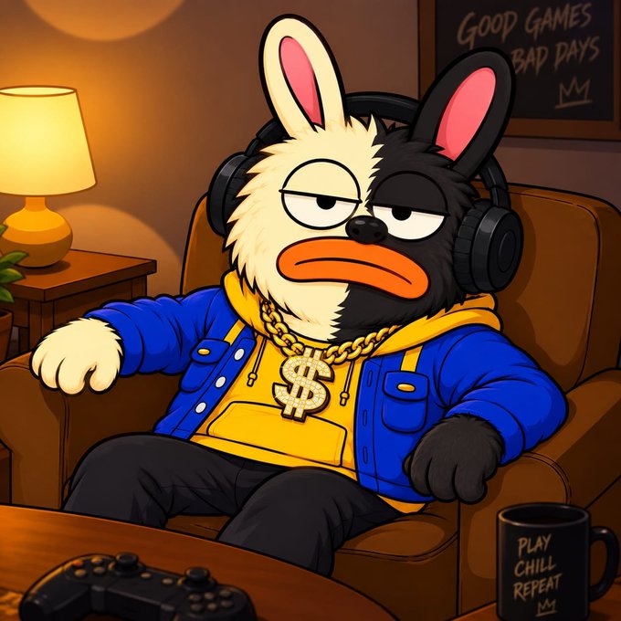 A cartoon rabbit wearing headphones, a yellow hoodie, blue jacket, and a dollar sign chain lounges in a chair with a gaming controller and a mug reading "PLAY CHILL REPEAT," while a chalkboard in the background displays "GOOP GAMES BAD DAYS." The image fits the post's vibe of casual crypto/gaming culture, lending a laid-back, meme-style aesthetic to promote the $SOL airdrop giveaway.