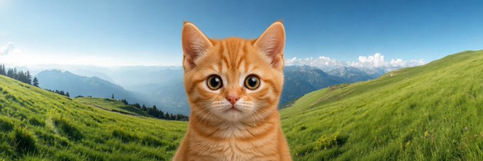 An adorable orange tabby cat sits centered against a sweeping panoramic backdrop of lush green mountain slopes and a bright blue sky, with no text or numbers visible in the image itself. The cat's wide-eyed, expressive face embodies the post's "just a cat" philosophy, presenting a simple, relatable meme identity that aligns with the $CAT Solana token's stripped-down branding and community-focused message.