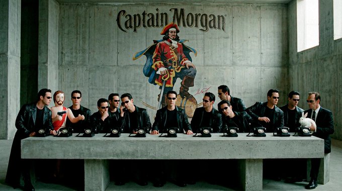 A recreation of the Last Supper featuring the cast of the movie Reservoir Dogs seated at a table with a 'Captain Morgan' mural on the wall behind them.