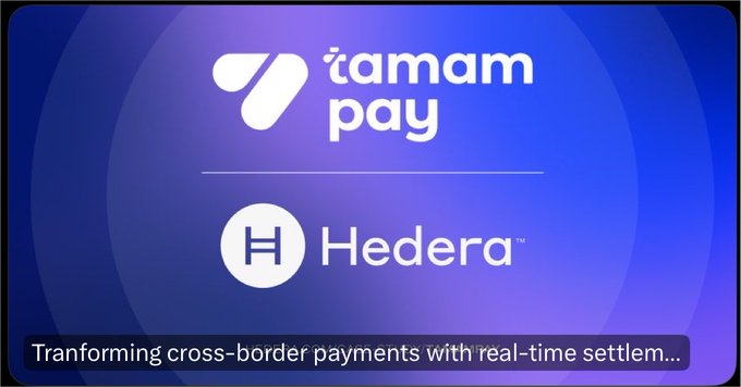 A promotional graphic with a blue background showing the Tamam Pay logo above the Hedera logo, with text reading 'Tranforming cross-border payments with real-time settlem...'