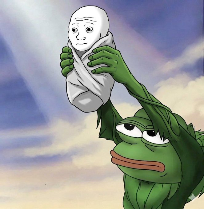 The image features a cartoon frog holding a baby wrapped in a white blanket, with its arms raised high above the baby's head. The background of the image shows a blue sky with clouds, creating an artistic and whimsical atmosphere. The caption below the image reads "Slam 1 ETH into WOJAK and feel like this".