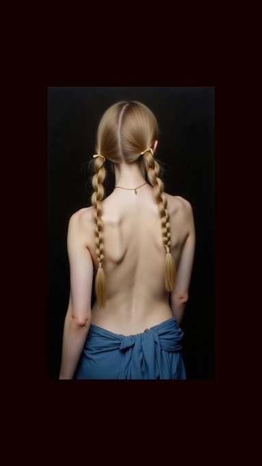 An artistic portrait photograph from behind of a blonde woman with two long braids tied with golden ribbons, wearing a blue garment draped low on her back against a dark background.