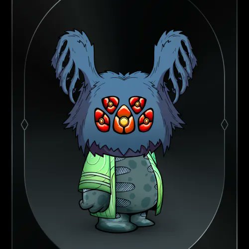 The image features a cartoon character with blue fur, large ears, and multiple eyes. The character appears to be wearing a green jacket and has a pair of glasses on their face. The character's arms are crossed over their chest, giving them an imposing appearance. The background is black, which contrasts with the colorful character and makes it stand out even more.