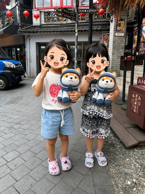 Two young girls pose cheerfully on a traditional Chinese-style street with red lanterns, each holding a Shiba Inu plush toy and flashing peace signs—one wearing an Apple-patterned shirt and denim shorts, the other in a black floral dress. The scene captures the joyful spring holiday outing mentioned in the post, with an oversized cartoon-like filter giving the moment a playful, whimsical feel.