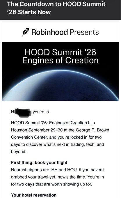 An email from Robinhood announcing 'HOOD Summit '26: Engines of Creation' taking place in Houston on September 29-30 at the George R. Brown Convention Center.