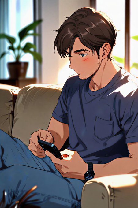 An anime-style illustration of a young man with brown hair sitting on a couch in a sunlit room, looking down at a smartphone in his hands.